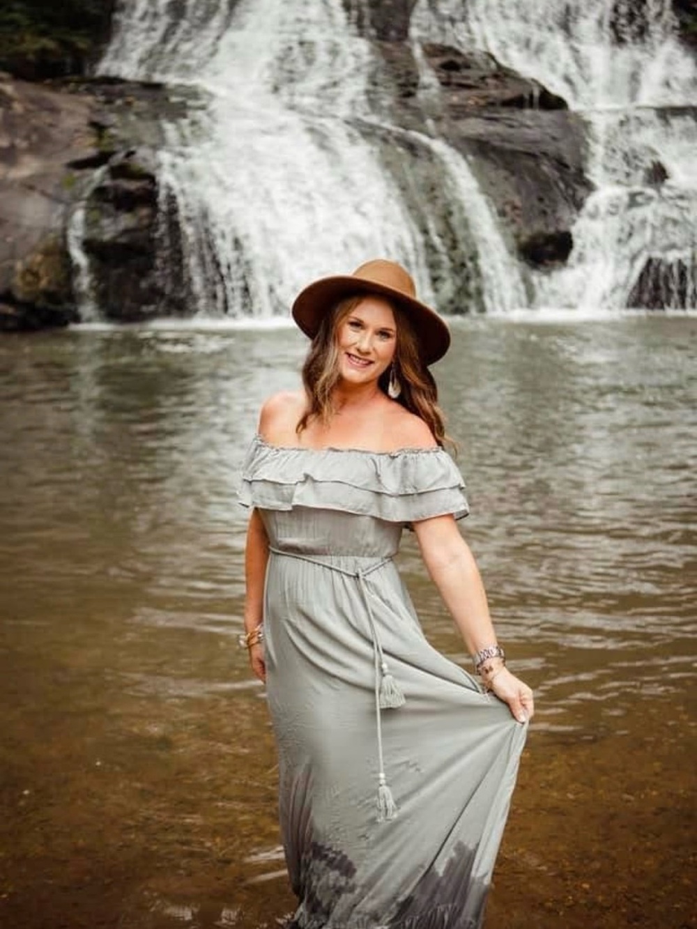 Off-Shoulder Ruffle Maxi Dress in Sage Green with Tassel Waist